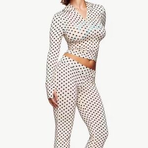 Polka Dot Long Sleeve Crop Top & Pants Set - White/Black